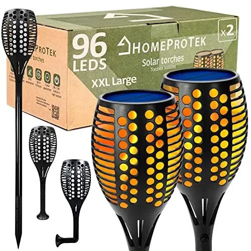 Produktbild: HOMEPROTEK Solar Fackeln für draußen - 2er-Set, XXL groß, 96 LED-Lampen mit 3 Leuchtstufen, Flammen-, Atem- und Flackereffekt, IP65, automatisch an/aus, Solarlampen für Garten, Hof, Balkon, Einfahrt