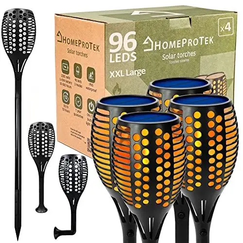Produktbild: HOMEPROTEK Solar Fackeln für draußen - 4er-Set, XXL groß, 96 LED-Lampen mit 3 Leuchtstufen, Flammen-, Atem- und Flackereffekt, IP65, automatisch an/aus, Solarlampen für Garten, Hof, Balkon, Einfahrt