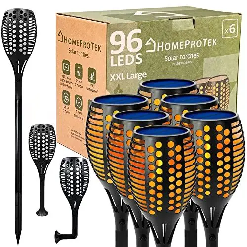 Produktbild: HOMEPROTEK Solar Fackeln für draußen - 6er-Set, XXL groß, 96 LED-Lampen mit 3 Leuchtstufen, Flammen-, Atem- und Flackereffekt, IP65, automatisch an/aus, Solarlampen für Garten, Hof, Balkon, Einfahrt