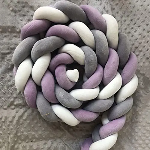 Produktbild: Homesally Bettschlange Babybett, Bettschlange Geflochten Baby, Geflochtenes Seitenschläferkissen, Bettumrandung Baby Kinderbett Umrandung Nestchenschlange Babybett Zubehör,White Grey Purple,450cm