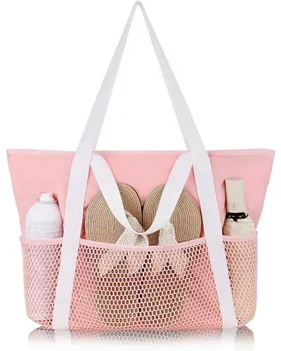 Produktbild: HOMESPON Strandtasche Damen mit Reißverschluss Große Wasserdicht Mesh Badetasche Familie Faltbar Beach Tote Bag Shopper,Rosa