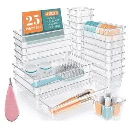 Produktbild: HomeToDou 25 Stücke - Schubladen Ordnungssystem-mit 4 Größen,Schminktisch Ordnungssystem,Klar Kunststoff Schminktisch Organizer Einsetzbar,Tabletts für Küchen Schmuck Schlafzimmer Badezimmer Büro