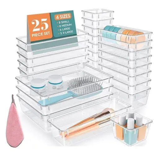 Produktbild: HomeToDou 25 Stücke - Schubladen Ordnungssystem-mit 4 Größen,Schminktisch Ordnungssystem,Klar Kunststoff Schminktisch Organizer Einsetzbar,Tabletts für Küchen Schmuck Schlafzimmer Badezimmer Büro