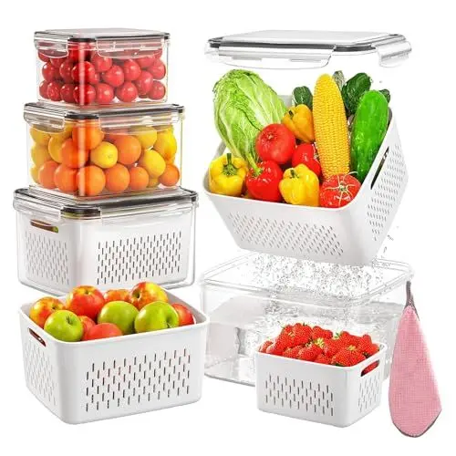Produktbild: HomeToDou 4 Stück Frischhaltedosen mit Deckel Kühlschrank Organizer,Gefrierboxen Container,Obst Gemüse Aufbewahrung mit Ablaufkörben Kühlschrank Vorratsdosen Meal Prep Boxen 0.8L/1.7L/3.15L/4.15L