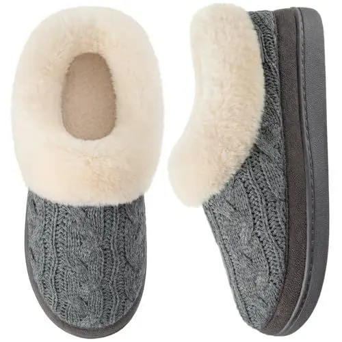 Produktbild: HomeTop Damen Gestrickte Hausschuhe Bequem Warm Winter Memory Schaum Rutschfeste Innen Außen Pantoffeln mit Flauschig Plüsch Kragen Grau, 38 EU