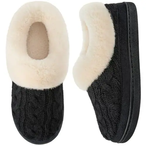 Produktbild: HomeTop Damen Gestrickte Hausschuhe Bequem Warm Winter Memory Schaum Rutschfeste Innen Außen Pantoffeln mit Flauschig Plüsch Kragen Schwarz, 40 EU