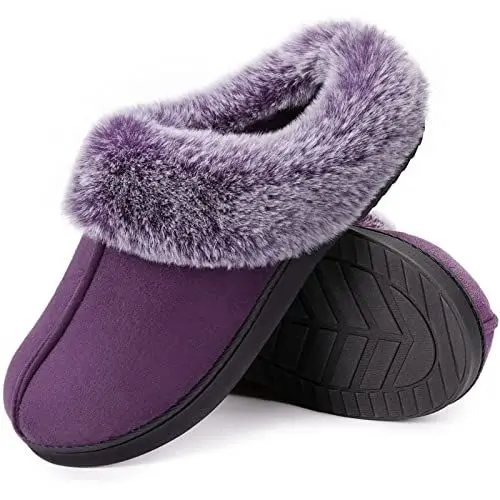 Produktbild: HomeTop Damen Microsuede Hausschuhe Warm Klassische Langlebige Rutschfest Memoryschaum Pantoffeln mit Flauschiger Kunstfellkragen Lila, 38-39 EU