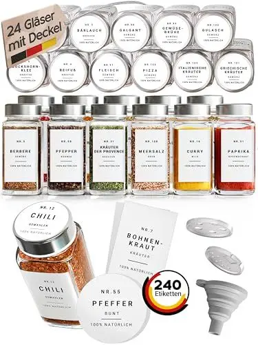 Produktbild: Homety Gewürzgläser Eckig - Set Edelstahl Deckel (24 Stück) - Gewürzbehälter 240 Etiketten - Gewürzdosen zur Gewürze aufbewahrung (120 ml) - Weiß