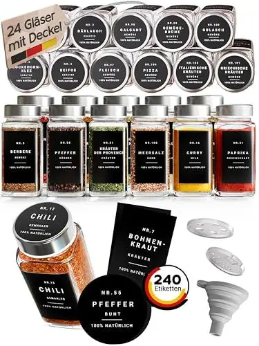 Produktbild: Homety Gewürzgläser Eckig - Set Edelstahl Deckel (24 Stück) - Gewürzbehälter 240 Etiketten - Gewürzdosen zur Gewürze aufbewahrung (120 ml) - Schwarz