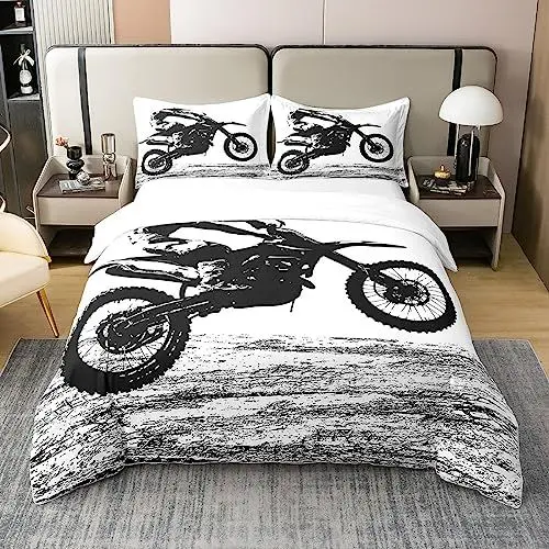 Produktbild: Homewish 100 % Baumwolle, Bettbezug für Geländefahrrad, 200 x 200 cm, Motocross-Bettwäsche für Kinder, Jungen, Erwachsene, Bettwäsche-Set für Motorrad, extremer Sport, Bettbezug Moto Grunge