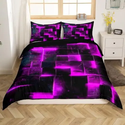 Produktbild: Homewish Schwarz und Lila Bettbezug Modern Abstract 135x200 Bettwäsche Set,3D Glühende Plaid Tröster Abdeckung Gradient Gitter Bett Set,Neon Quadratische Bettwäsche (Schwarz Reversibel)