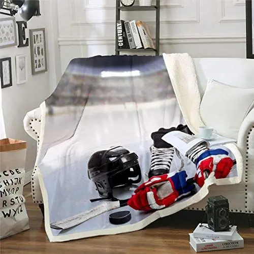 Produktbild: Homewish Teens Eishockey Werfen Decke,Jungen Puck Sherpa Decke 150×200,Sport Spiele Thema Flanell Fuzzy Decke Für Kinder Jugend Erwachsene Männer,Winter Match Grunge Plüsch Bettdecke Für Bett Couch