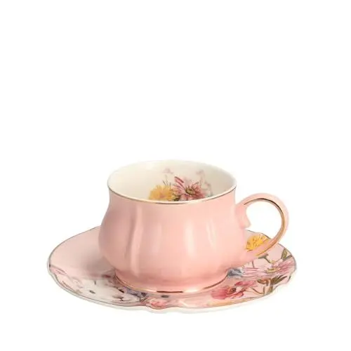 Produktbild: home&you - Tasse mit Unterteller Sirsolbunny, 200 ml, feines Knochenporzellan, Osterdeko, Osterhase, Tasse, Deko, Kaffeetassen, Wassertasse, Coffee Cup für Kaffee Milch Latte Tee - Rosa