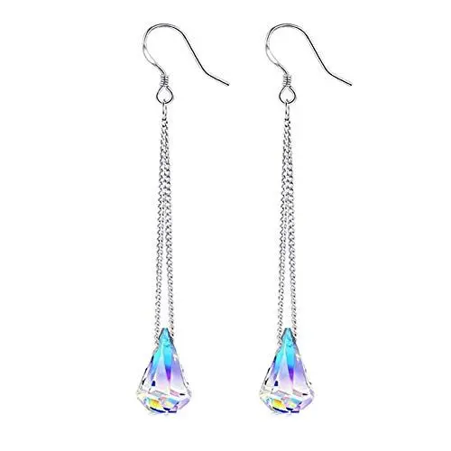 Produktbild: HOMEYU 925 Sterling Silber Farbwechsel Ohrhänger, Lange Quasten Tropfen Ohrringe Mit Aurora Borealis Regentropfen Kristall von.