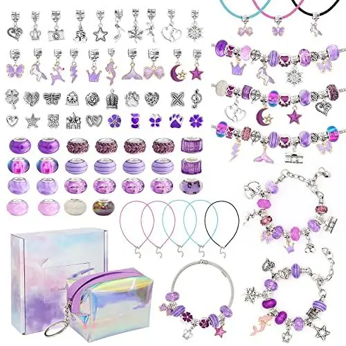 Produktbild: Homgaty Mädchen Geschenke 6-12 Jahre, Schmuck Basteln Mädchen, Schmuckbastelsets Geschenke für Mädchen Kinder, Charm Armband Kit DIY für ab 6 7 8 9 10 11 12 Jahre Mädchen (Lila)