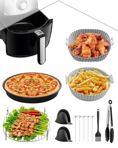 Produktbild: HOMGEN Luftfritteusen-Zubehör, 21 cm, wiederverwendbar, Zubehör für Cecotec 6 l, zeitsparendes Luftfritteusen-Zubehör-Set, inklusive Silikon-Luftfritteusen-Einlagen, Luftfritteusen-Gestell usw.,