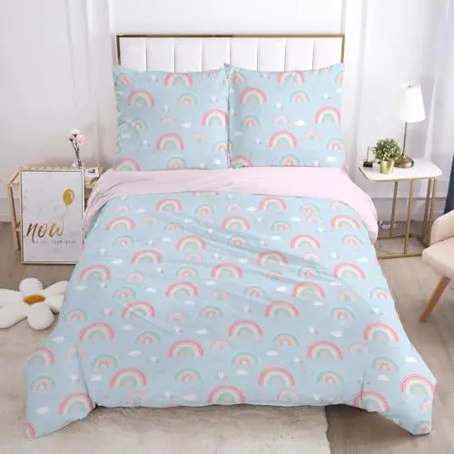 Produktbild: HOMHOMHA Regenbogen BettwäSche 200x200 Set Kinder MäDchen Bettdecken Set 200x200cm with 2 Kissenbezug 80×80cm Mikrofaser （Blau 3pc）