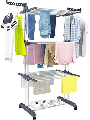 Produktbild: HOMIDEC Wäscheständer Wäschetrockner Turm mit Rollen, Platzsparender - mit 6 Klappbare Flügel und 2 Drehbar Seitenflügel, Edelstahl Standtrockner Wäscheturm für Innen und Außen, Grau