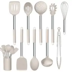 Produktbild: Homikit 10 Stück Küchenhelfer Set, Silikon Küchenutensilien Kochbesteck mit Edelstahlgriff, Antihaft Kochutensilien Set mit Utensilienhalter - Khaki