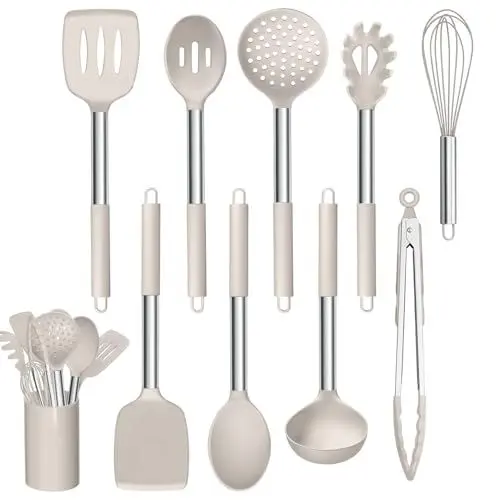 Produktbild: Homikit 10 Stück Küchenhelfer Set, Silikon Küchenutensilien Kochbesteck mit Edelstahlgriff, Antihaft Kochutensilien Set mit Utensilienhalter - Khaki