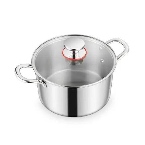 Produktbild: Homikit 20cm Kochtopf, 3-Lagen Edelstahl Suppentopf Induktion mit Glasdeckel, 3,3L Nudeltopf Fleischtopf für alle Herdearten, Edelstahl Poliert & Unbeschichtet, Gesund, Spülmaschinenfest