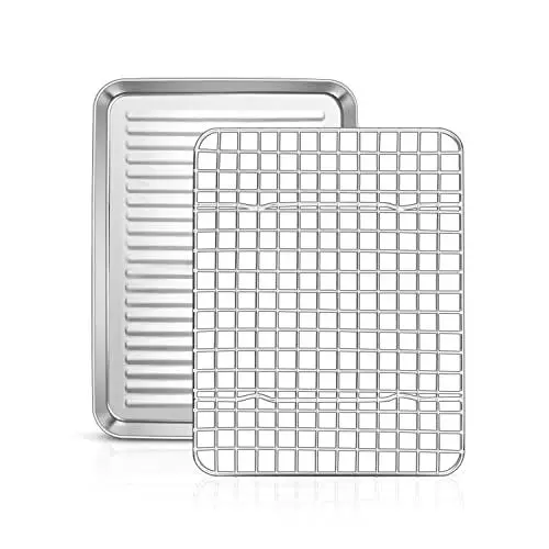 Produktbild: Homikit Backblech mit Abkühlgitter, Edelstahl Klein Backform Ofenblech und Auskühlgitter für Backen Braten Servieren, 26,5 x 20,5 x 2,5 cm, Hochglanzpoliert, Spülmaschinenfest