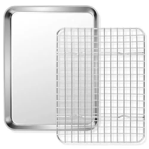 Produktbild: Homikit Backblech mit Abkühlgitter, Hochglanzpoliert Edelstahl Rechteckig Backform, Ofenblech und Auskühlgitter für Backen Braten Servieren, 31,5x24,6x2,5cm, Gesund & Spülmaschinenfest