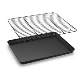 Produktbild: Homikit Backblech mit Abkühlgitter, Karbonstahl Ofenblech Kuchenblech und Edelstahl Auskühlgitter, Rechteckig Backform mit Antihaftbeschichtung zum Backen Braten Servieren, 31,6x24,5x2,5cm, Ungiftig