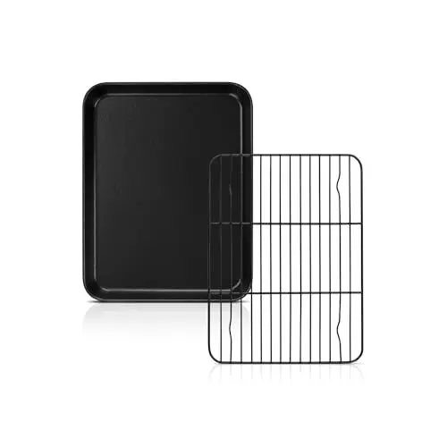 Produktbild: Homikit Backblech mit Kuchengitter Set, Karbonstahl Ofenblech Kuchenblech und Edelstahl Abkühlgitter, Rechteckig Backform Antihaftbeschichtung zum Backen, 26,5x20,5x2,5cm, Ungiftig