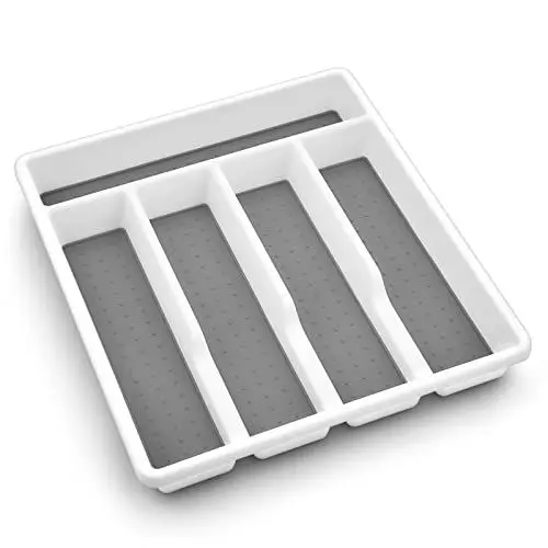 Produktbild: Homikit Besteckkasten für Schubladen, Kunststoff Besteckeinsatz mit 5 Fächern, Robust Schubladeneinsatz für Küche/Büro, Weicher-Griff Futter & rutschfeste Gummifüße, 32,2 * 28,8 * 4,5cm, Weiß & Grau