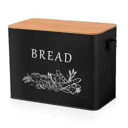 Produktbild: Homikit Brotkasten, Großer Metall Brotbox mit Deckel, Schwarz Brotbehälter für Brot Lange Aufbewahren mit Holzdeckel & Schneidebrett, Brotaufbewahrungsbox & Frisch Halten, 33.3x18.3x24.6cm