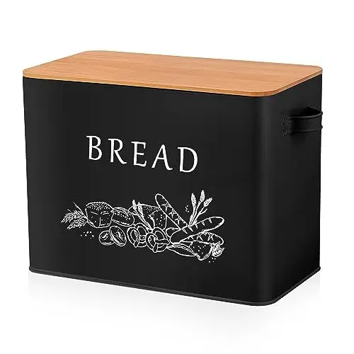 Produktbild: Homikit Brotkasten, Großer Metall Brotbox mit Deckel, Schwarz Brotbehälter für Brot Lange Aufbewahren mit Holzdeckel & Schneidebrett, Brotaufbewahrungsbox & Frisch Halten, 33.3x18.3x24.6cm