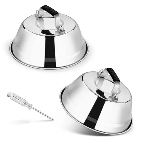 Produktbild: Homikit Burgerglocke, 2 Stück Edelstahl Burger Glocke mit Hitzebeständig Silikongriff, Schmelzglocke Burgerhauben Set für Grill & Burger Steak, Teppanyaki, Innen & Außen, Spülmaschinenfest, 16,7x5,8cm