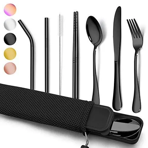 Produktbild: Homikit Campingbesteck, 9-teilig Tragbares Reisebesteck Outdoorbesteck, Edelstahl Camping Besteck Set Messer Gabel Löffel Essstäbchen Metallstrohhalme Reinigungsbürste, Etui & Tasche, Schwarz