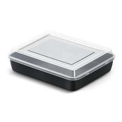 Produktbild: Homikit Edelstahl Backblech, Rechteckige Auflaufform mit Deckel, Schwarz Antihaftbeschichtung Kuchenform, Lasagne Brownie Kuchenblech im Ofen Backen, Gesund & Leicht zu reinigen 26,5 * 20,6 * 4,8cm