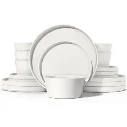 Produktbild: Homikit Geschirr Set, 18-tlg Steinzeug Geschirrset Tafelservice 6 Personen, Essgeschirr mit Dessertteller Müslischüsseln Speiseteller, Klassisch Weiß mit Speckles, Mikrowellen- und Spülmaschinenfest