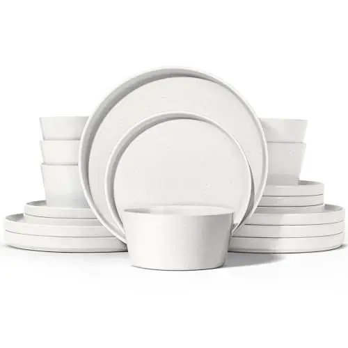 Produktbild: Homikit Geschirr Set, 18-tlg Steinzeug Geschirrset Tafelservice 6 Personen, Essgeschirr mit Dessertteller Müslischüsseln Speiseteller, Klassisch Weiß mit Speckles, Mikrowellen- und Spülmaschinenfest