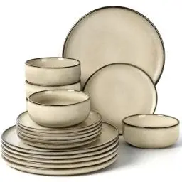 Produktbild: Homikit Geschirr Set 6 Personen, 18-tlg Reaktive Glasur Geschirrset, Steinzeug Tafelservice Essgeschirr mit Schüssel- und Teller Set, Mikrowellen- und Spülmaschinenfest, Kratzfest, Saturn Khaki