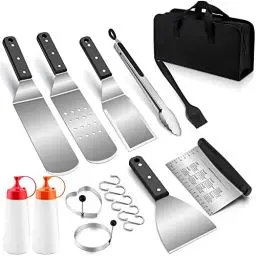 Produktbild: Homikit Grillspachtel Set, 17-teilig Edelstahl Flachkopf Pfannenwender Grillbesteck mit Tragetasche, Grillwender Grillschaber Teigschaber zum Grillen im Freien, Grillen, Teppanyaki, Camping
