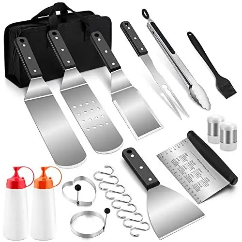 Produktbild: Homikit Grillspachtel Set, 22-teilig Edelstahl Profi Pfannenwender Grillbesteck mit Tragetasche, Grillwender Grillschaber Teigschaber zum Grillen im Freien, Grillen, Teppanyaki, Camping