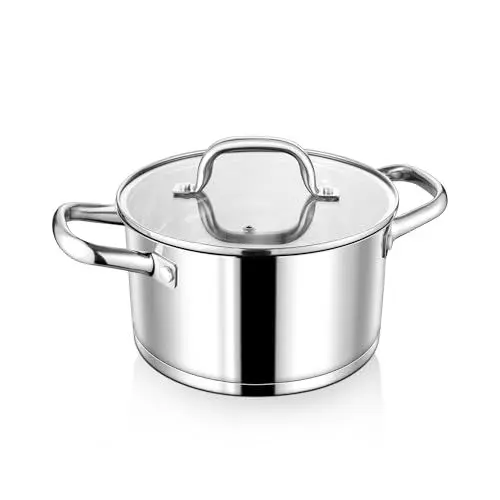 Produktbild: Homikit Kochtopf 20cm Groß, Edeastahl Topf Nudeltopf Induktion mit Glasdeckel, 3,8L Suppentopf Fleischtopf mit 3-Lagen Böden für alle Herdarten Geeignet, Unbeschichtet & Spülmaschinenfest