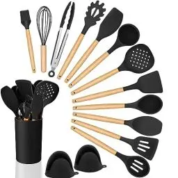 Produktbild: Homikit Küchenhelfer, 15-teiliges Schwarz küchenutensilien Set mit Holzgriff, Antihaftes Silikon Kochutensilien set mit Utensilienhalter, küchenutensilien, Hitzebeständiger, Leicht zu Reinigen