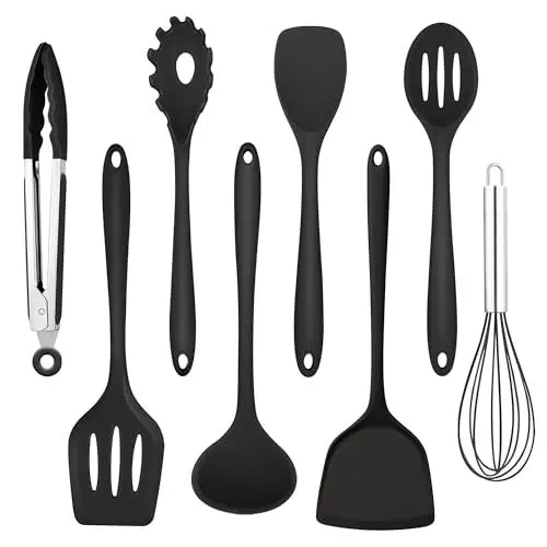 Produktbild: Homikit Küchenhelfer, 8 Stück Silikon Küchenutensilien Kochutensilien Set, Hitzebeständiger Schwarz Kochbesteck Kochgeschirr mit Pfannenwender für Kochen Backen, Gesund & Antihaft, Spülmaschinenfest