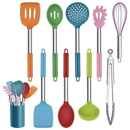 Produktbild: Homikit Küchenhelfer Set, 10 Stück Antihaft Hitzebeständiger Silikon Küchenutensilien Kochbesteck Set, Kochutensilien Set mit Edelstahlgriff, Spülmaschinenfest, Bunt