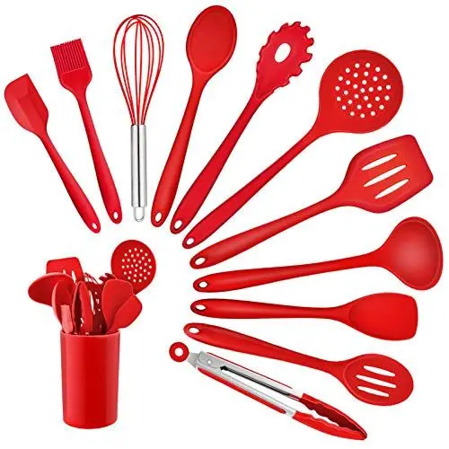 Produktbild: Homikit Küchenhelfer Set, 12 Stück Silikon Kochutensilien Kochgeschirr, Hitzebeständiger Kochbesteck Set mit Utensilienhalter, Gesund & Antihaft, Spülmaschinengeeignet, Rot