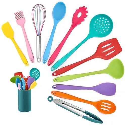 Produktbild: Homikit Küchenhelfer Set, 12 teilig Silikon Kochutensilien Kochgeschirr, Hitzebeständiger Kochbesteck Set mit Utensilienhalter, Gesund & Antihaft, Spülmaschinengeeignet