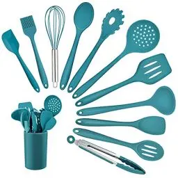 Produktbild: Homikit Küchenhelfer Set, 12-teilig Silikon Kochutensilien Kochgeschirr Set, Hitzebeständiger Kochbesteck mit Utensilienhalter, Gesund & Antihaft, Spülmaschinengeeignet, Blau