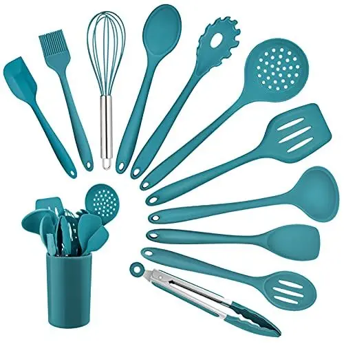 Produktbild: Homikit Küchenhelfer Set, 12-teilig Silikon Kochutensilien Kochgeschirr Set, Hitzebeständiger Kochbesteck mit Utensilienhalter, Gesund & Antihaft, Spülmaschinengeeignet, Blau