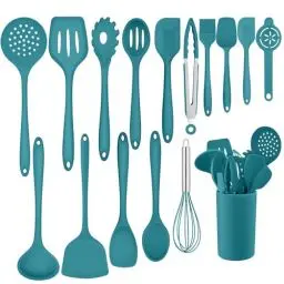 Produktbild: Homikit Küchenhelfer Set, 16 Stück Silikon Küchenutensilien, Kochutensilien Set mit Utensilienhalter, Hitzebeständiger Kochbesteck, Gesund & Antihaft, Spülmaschinengeeignet, Blau