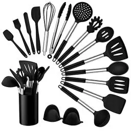 Produktbild: Homikit Küchenhelfer Set, 17 Stück Silikon küchenutensilien Kochutensilien Set, Antihaft Hitzebeständiger Kochbesteck Set mit Edelstahlgriff, Gesund & Langlebig, Spülmaschinengeeignet, Schwarz